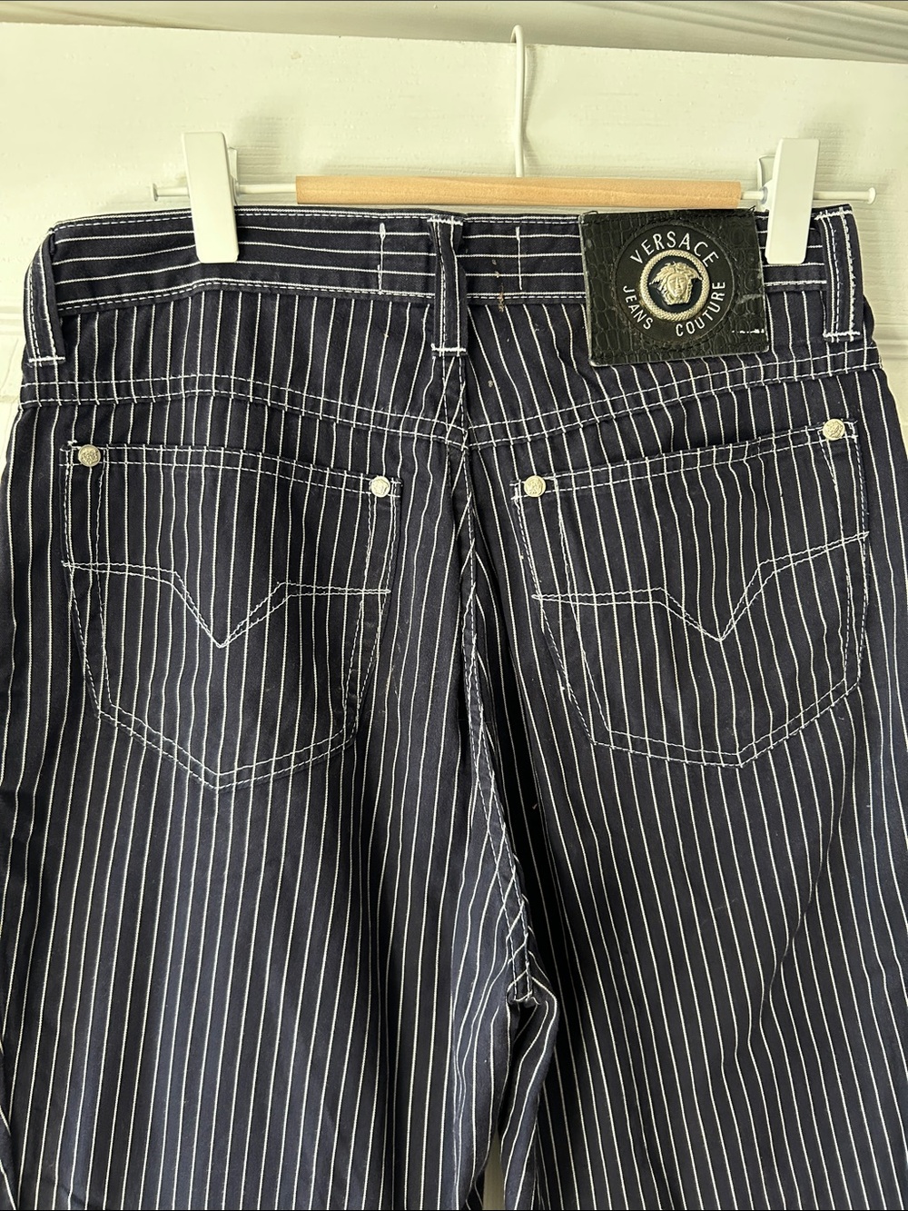 Versace Jeans Couture Women's Navy Pinstripe Straight-Leg Jeans - Vintage 90’s